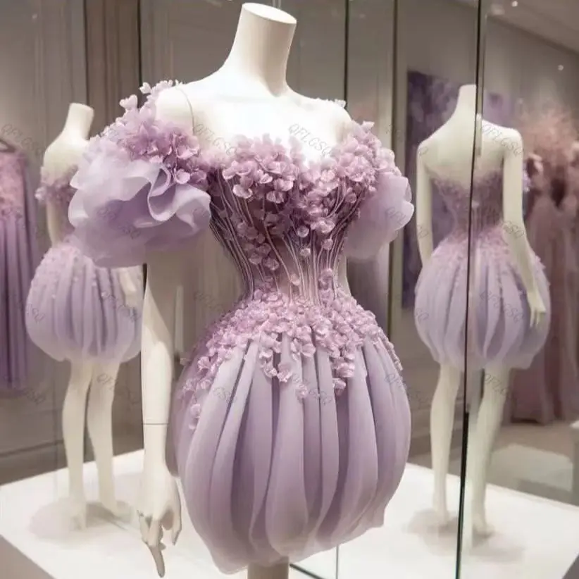 Chic Floral Dresses Women Custom Made Lilac Prom Gowns To Wedding robes de soirée Off Shoulder Short Prom Gown Tulle Layered