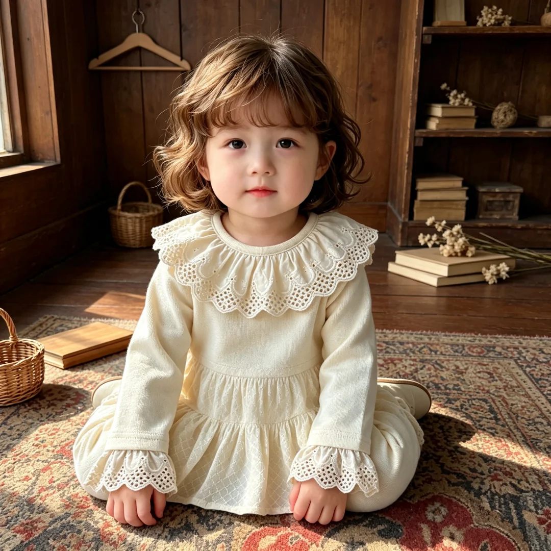 2026 Spring Fall Kids Girl T-shirts Ruffle Collar Cuff Long Sleeve Tops Textured Jacquard Princess Shirt Apricot Baby Blouse