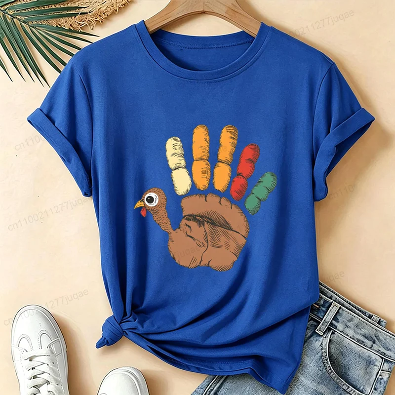 Thanksgiving Handprint Turkey T‑Shirt Cute Hand Drawing Turkey Graphic Tees Fall Holiday Casual Short‑sleeve Tops For Men Women