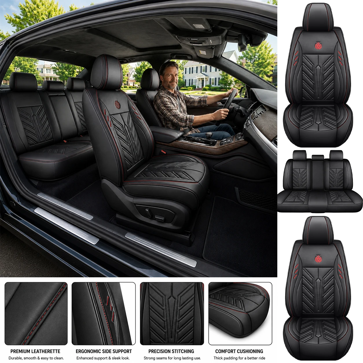 Leather Car Seat Covers Full Set Universal - Breathable 5-Seater Car Seat Covers Full