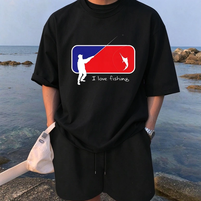 Casual Mens Short Sleeve T Shirt I Love Fishing Sailfish Fisherman Silhouette Graphic Tees Outdoor Fishing Daily Y2k Top Cotton