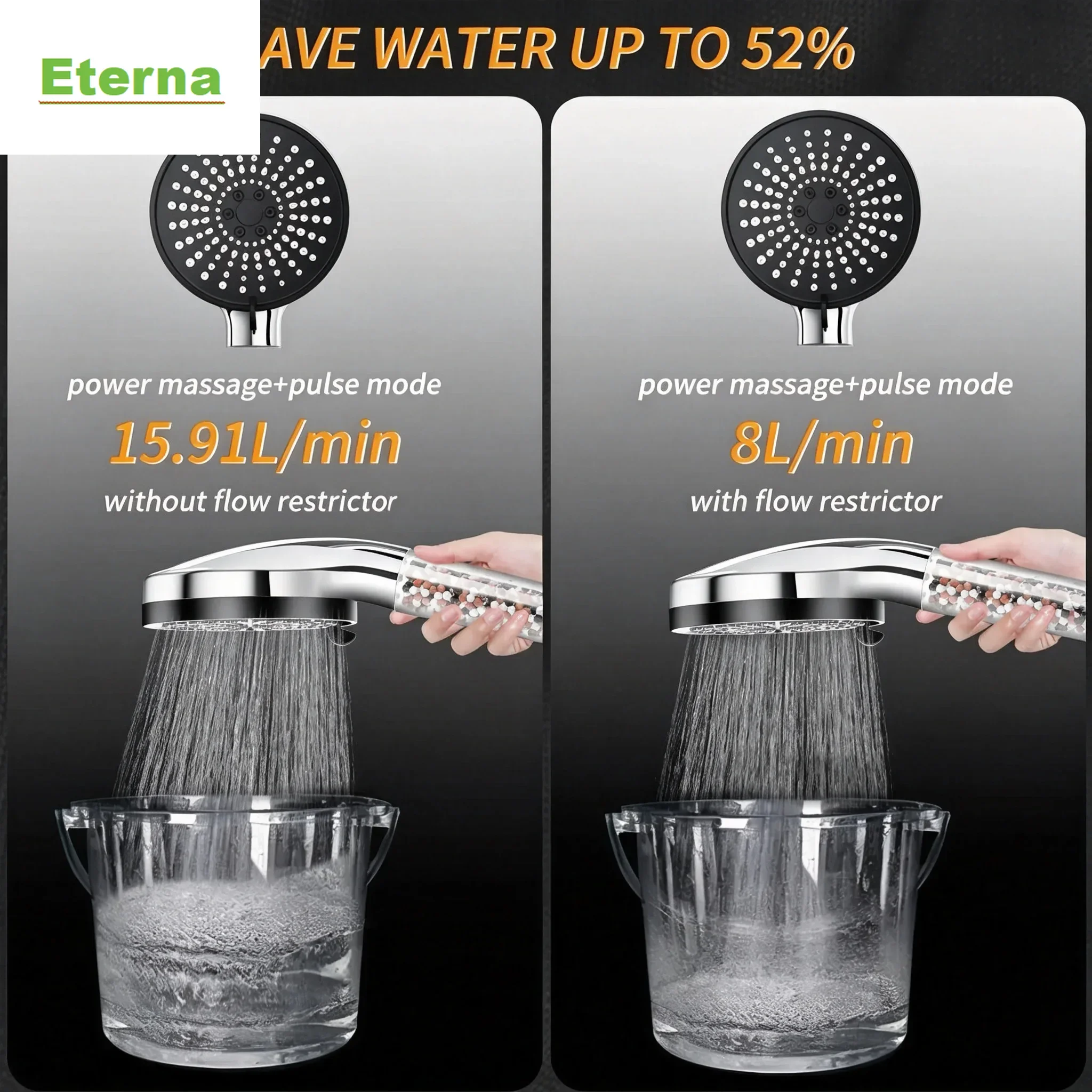 Super Easy Install No Drill Filter Shower Head Handheld Set with Natural Mineral Ball Water Softener Multiple Rain Spray Modes