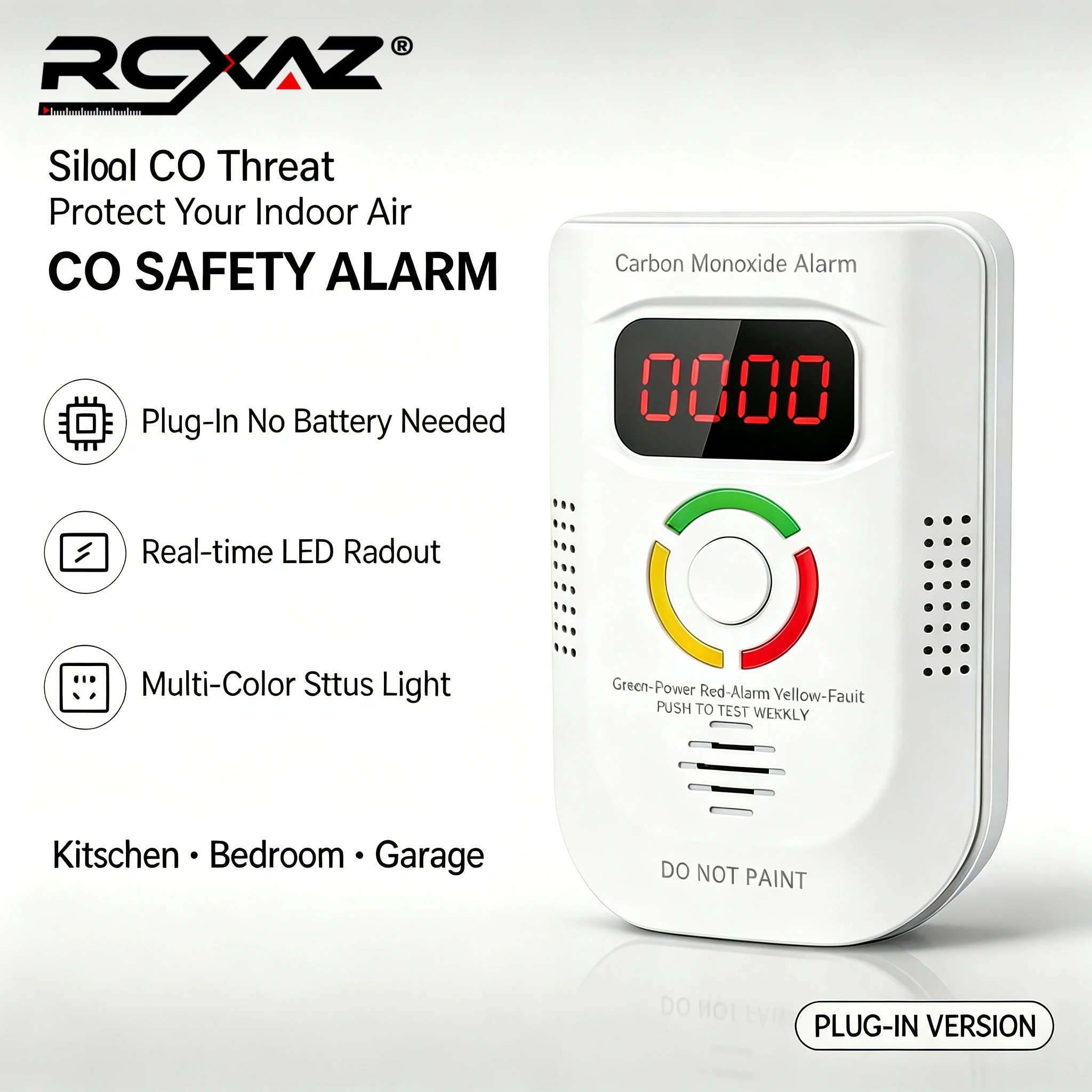 RCXAZ Carbon Monoxide Detector Plug-in Wall & Portable Gas Alarm with Digital Display LED for Home Office Kitchen