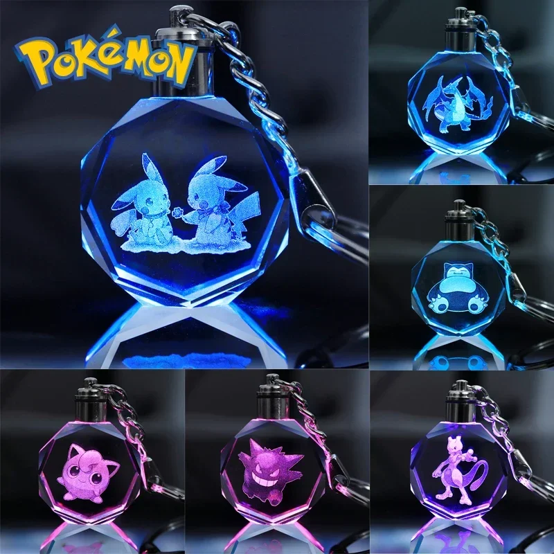 

Pokemon Pikachu Gengar Mewtwo Snorlax Glass Crystal Anime Peripheral Colorful Glow Keychain Keyring Decoration Toy Children Gift