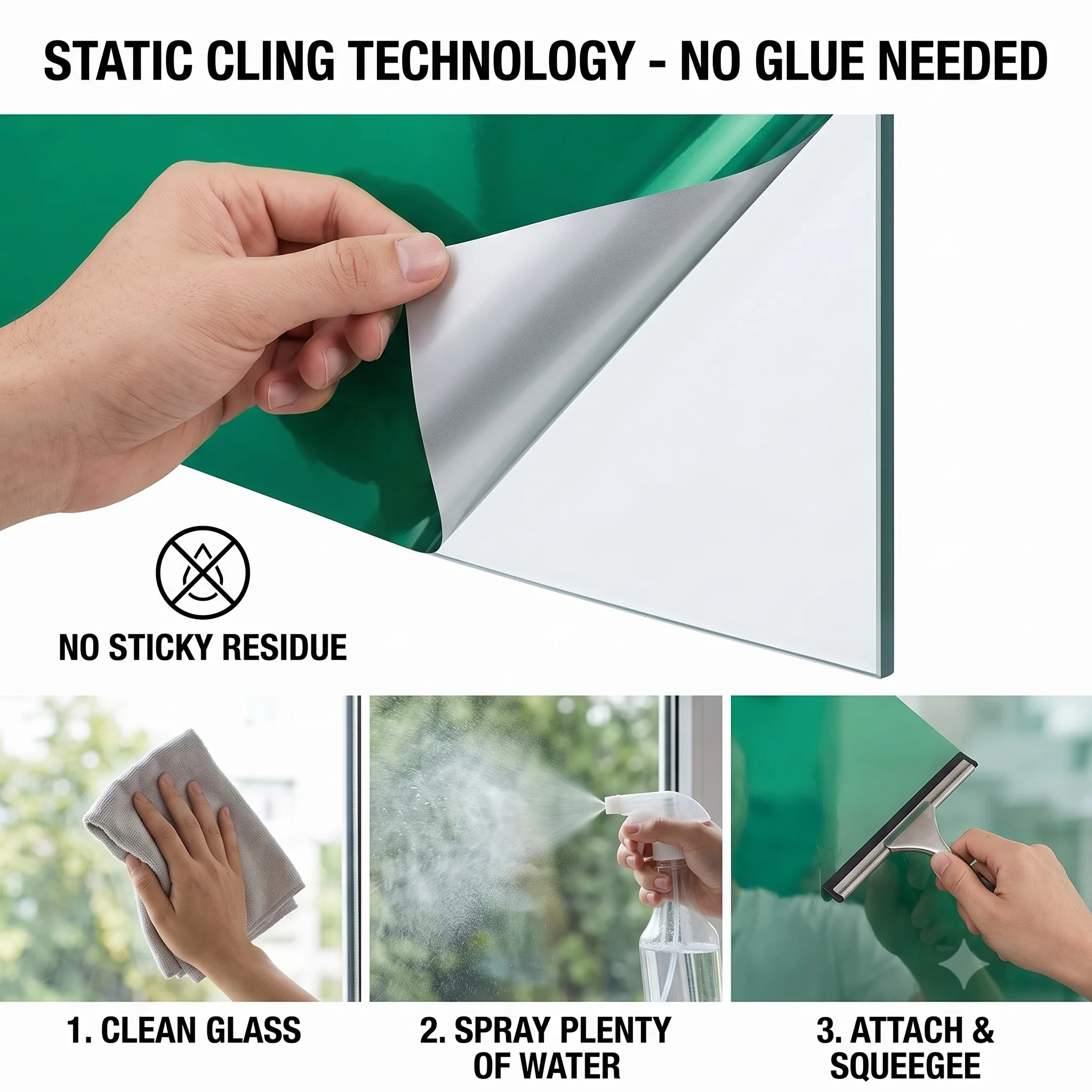 Green Silver Static Cling Window Film Privacy Window Tint One-Way Mirror No-Glue Heat & UV Blocking Removable Glass Sticker for