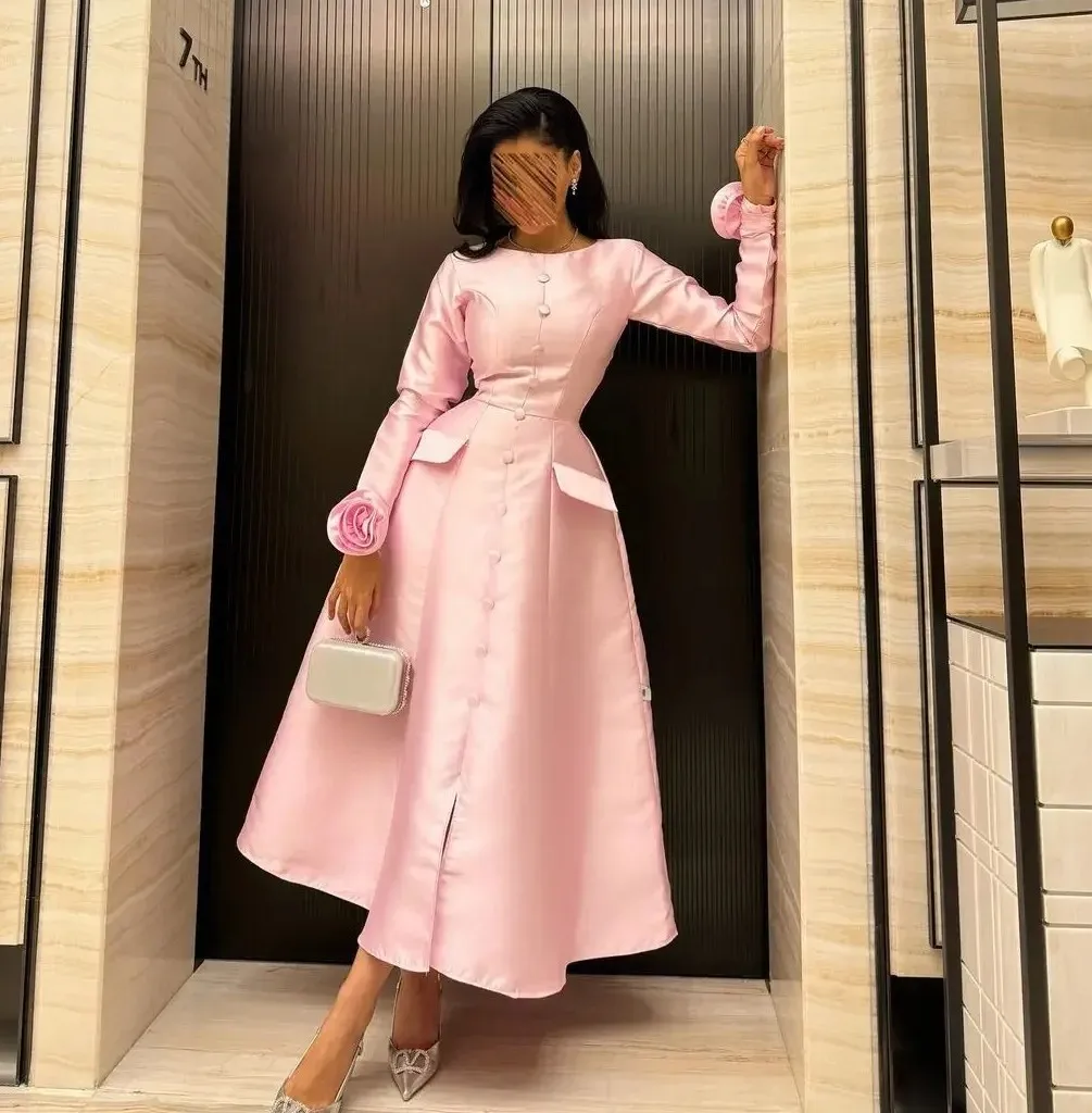 

Pink Dubai Evening Formal Dress Scoop Long Sleeves Buttons Satin Ankle Length A-Line Prom Pageant Party Gowns Robe De Soiree
