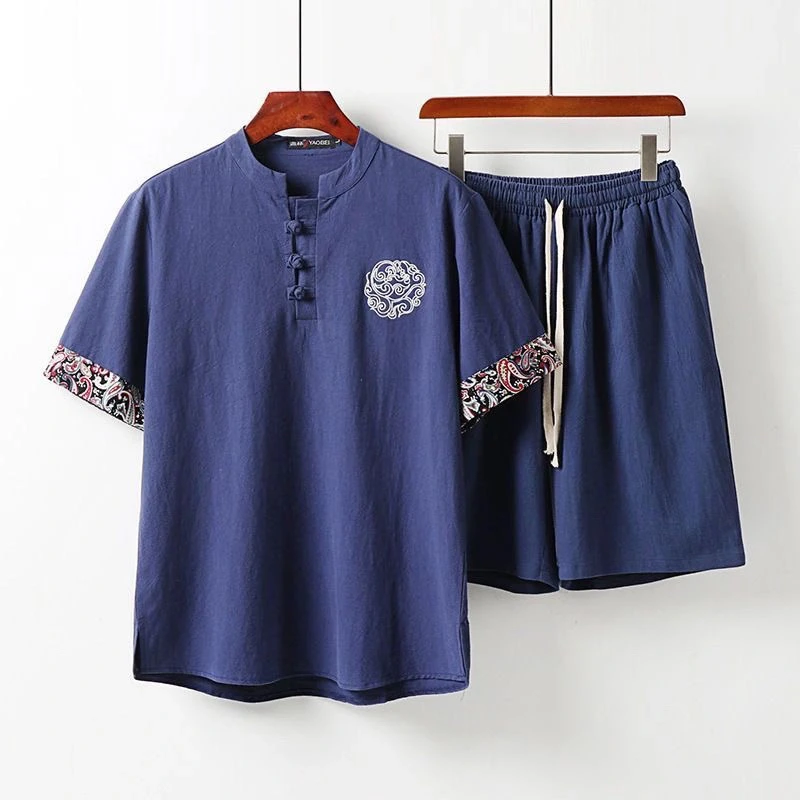 Men's Cotton Linen Short Sleeve Shirt Summer Casual Wear Chinese Style Tang Costume Buttoned Tea Zen Clothing Mid-Year Men