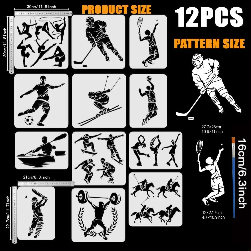 12 PCS Sport Athlete Painting Stencils with Bamboo Brush Reusable Sports Competition Templates Tennis Football making kit