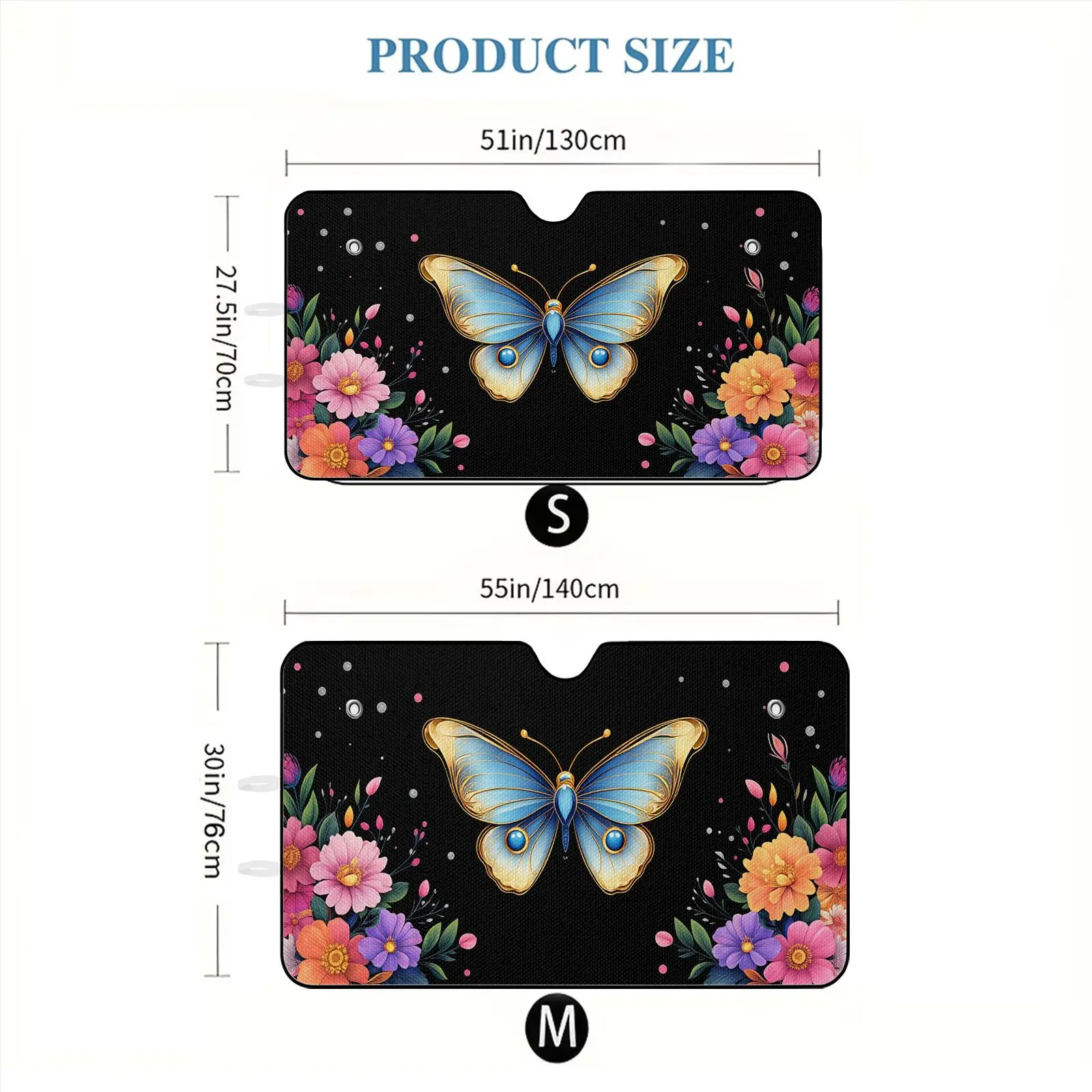 Car Windshield Sun Shade | Black Butterfly And Flowers Pattern, Aluminum Material, Universally Applicable For Car Interior Prote