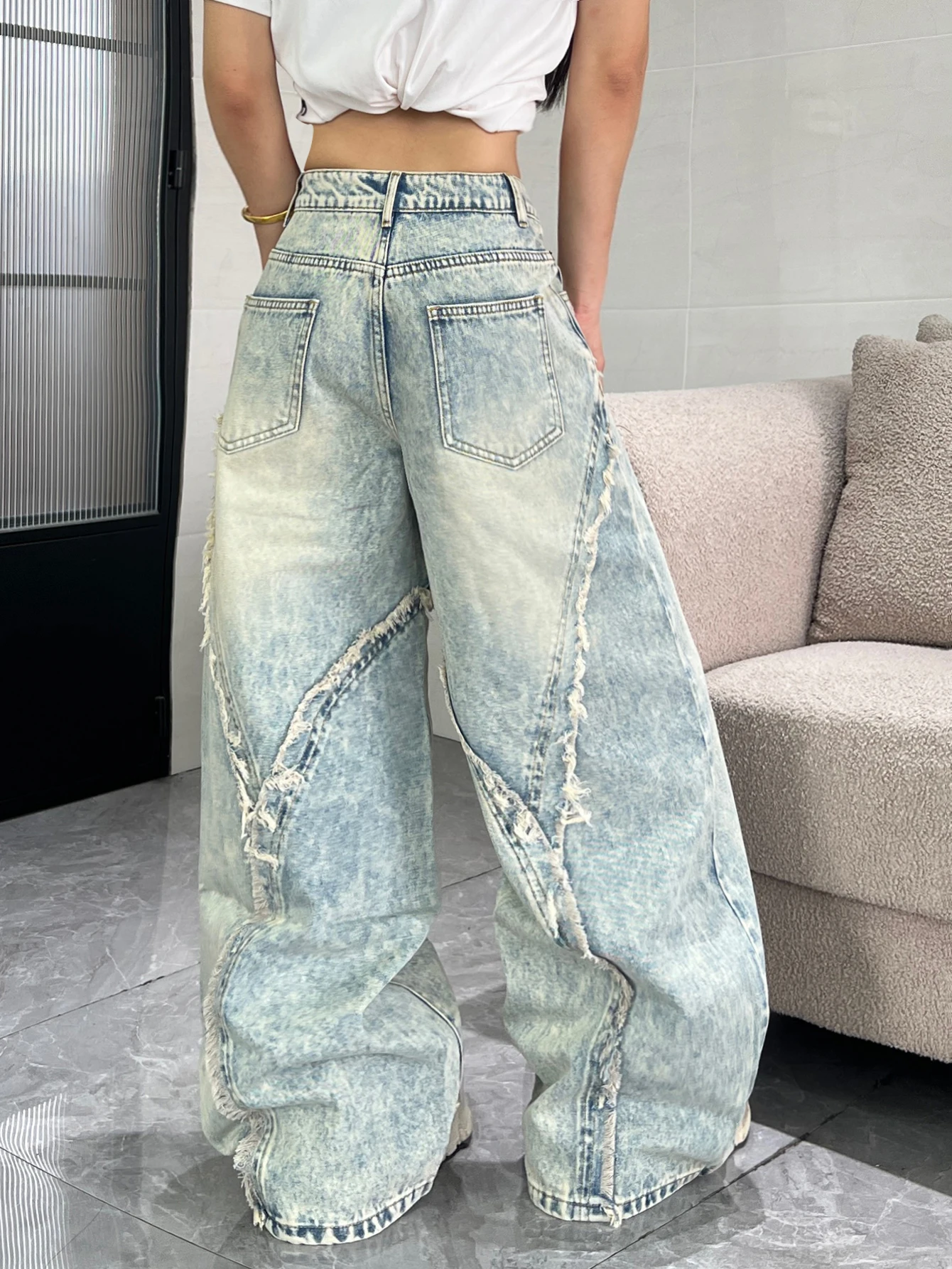 American Retro Design Frayed Edge Deconstructed Patchwork Loose Jeans Y2K Street Fashion Versatile Wide-Leg Pants For Women