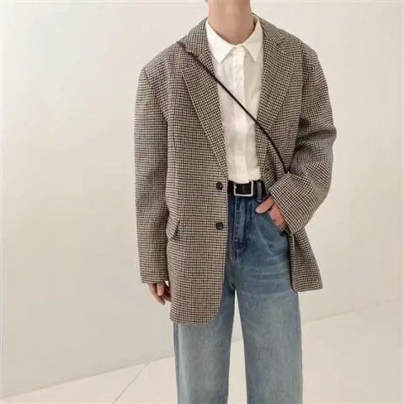 2024 Autumn Winter New Men\'s Notched Button Plaid Business Casual Comfortable All-match Long Sleeve Loose Jackets Blazer