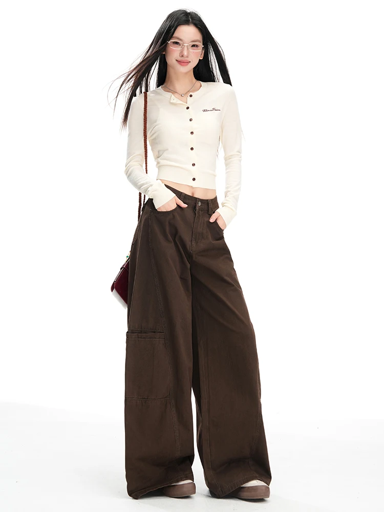 High Waist Fleece Lined American Style Workwear Wide Leg Slimming Denim Women's Pants Casual Versatile Coffee Color