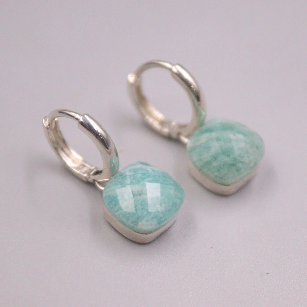 Pure S925 Sterling Silver Blue Amazonite  Earrings Women Lucky 21*8*12.5mm Square Hoop Earrings