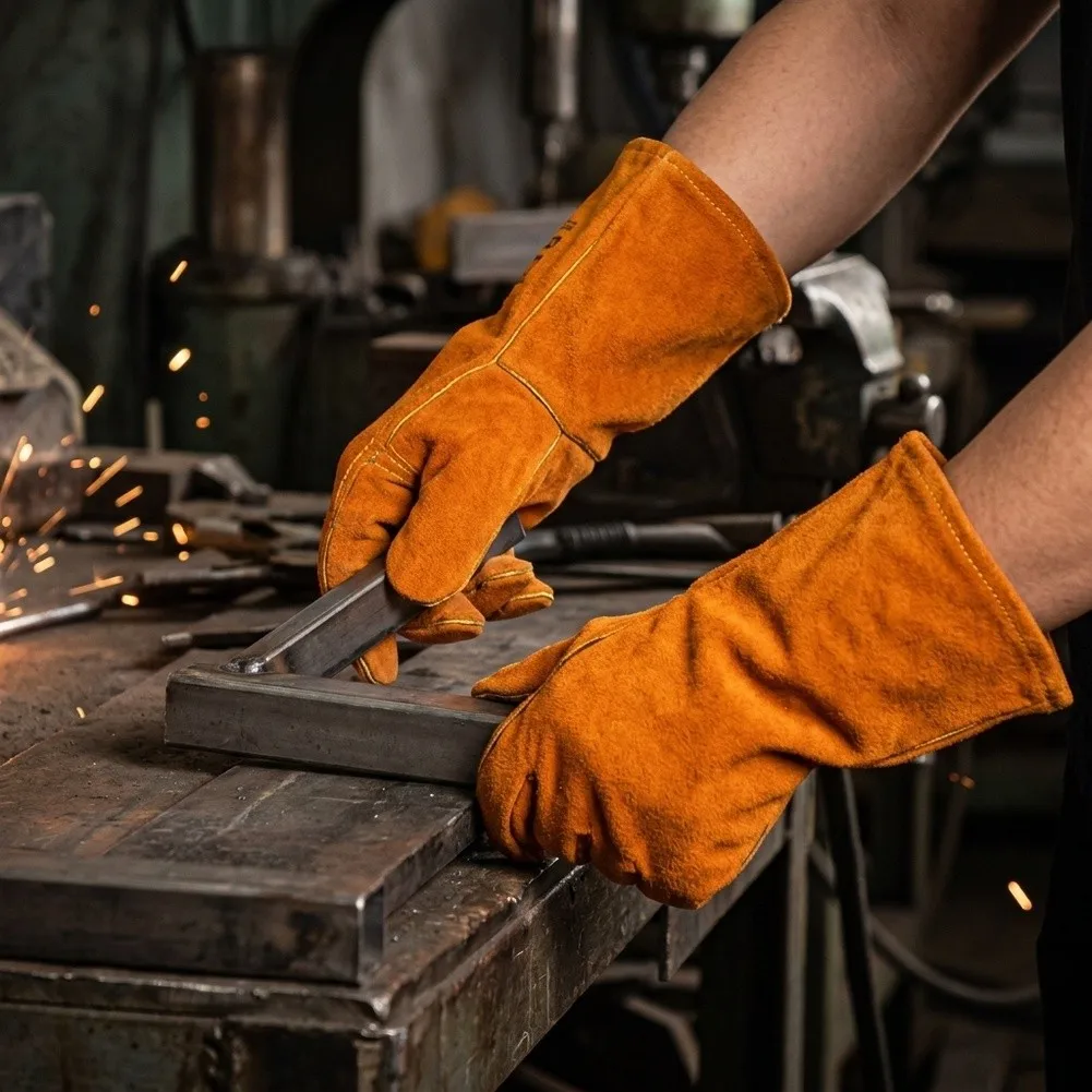 Industrial Welding Gloves for Men Cowhide Leather Heat Resistant Seamless Thickened Design for Long Lasting Performance
