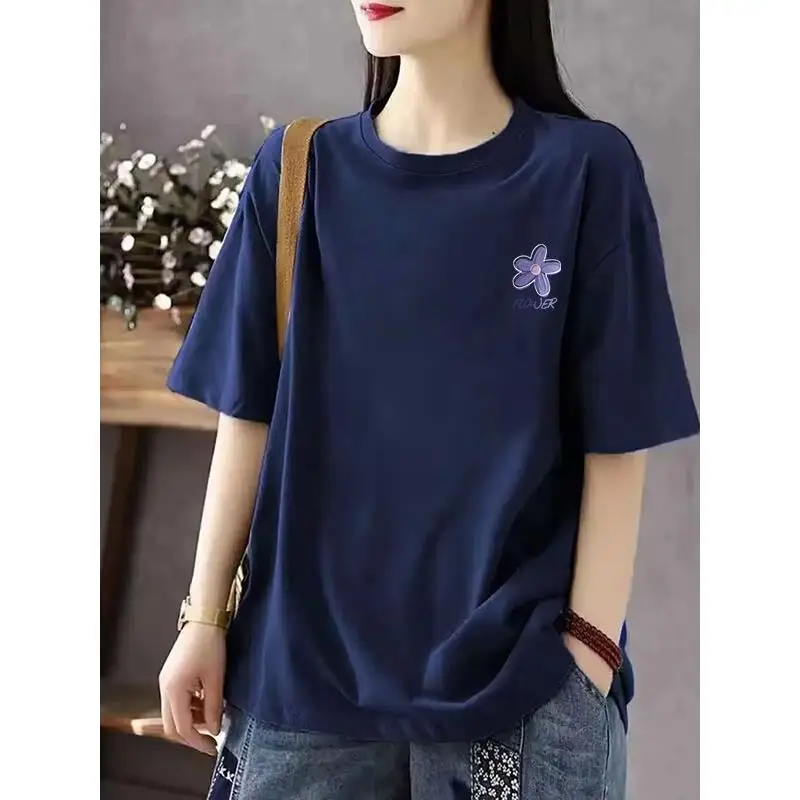 Casual round Neck Short Sleeve Women's T-shirt Artistic Vintage Match All Medium And Elderly People Inner Wear Summer Top