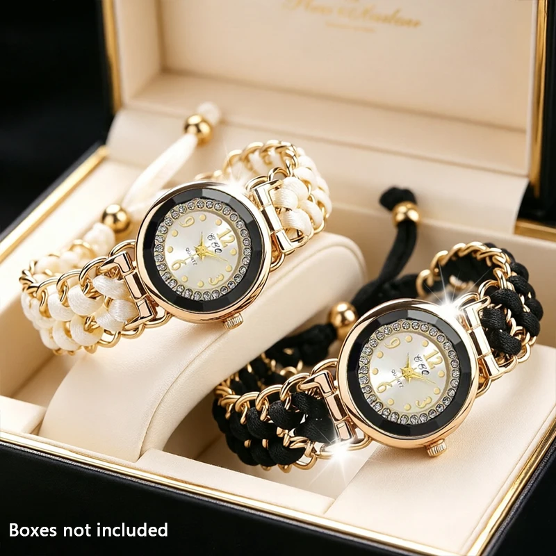 Women's new small case woven rope adjustable strap, elegant and fashionable women's versatile bracelet quartz watch, trendy wome