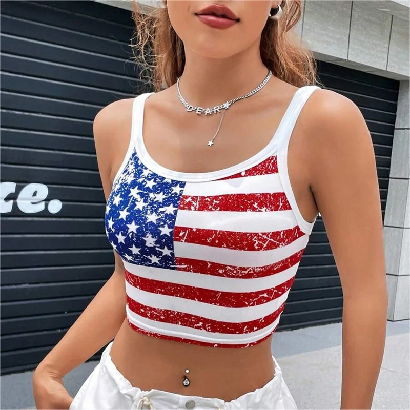 Gothic Punk New 2024 USA Flag Crop Top Sexy Backless Tank Slim Mini Vest da donna Summer Y2k Clothes Short White canotta E-girls