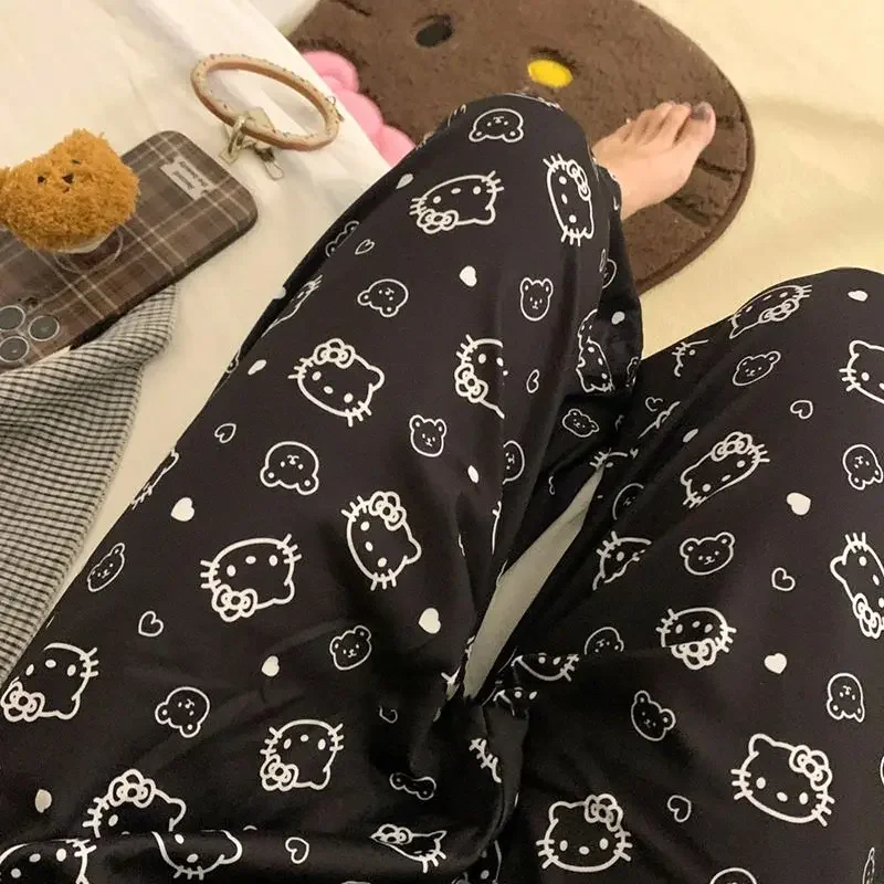 Sanrio Pants Multiple Styles New Oversized Hello Kitty Summer Print Casual High Waisted Straight Leg Pants Girls Clothes Gifts