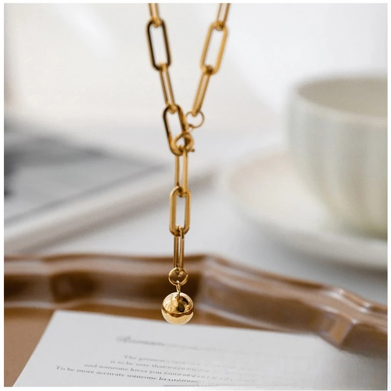 18K Gold Plated Chunky Chain Long Necklace With Tiny Ball Non Fading Ladies Sweater Pendant Jewelry Gift