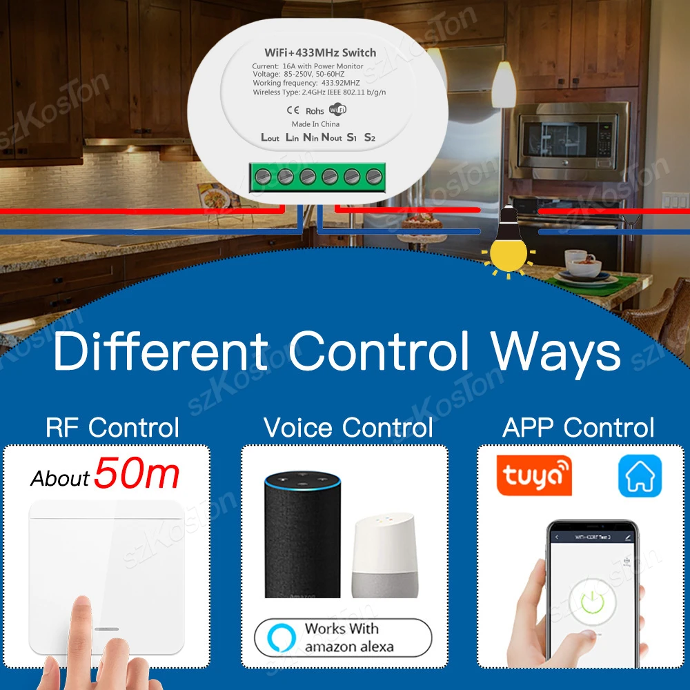 RF433MHz WiFi Smart Switch with Power Monitor 1/2/3Gang Tuya 16A Mini Relay Receiver Wireless Switch Wall Panel for Alexa Google