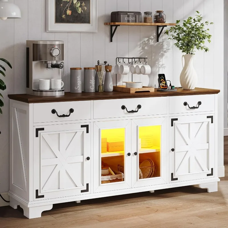 Farmhouse Sideboard Cabinet with Power Outlets & LED Light, 65