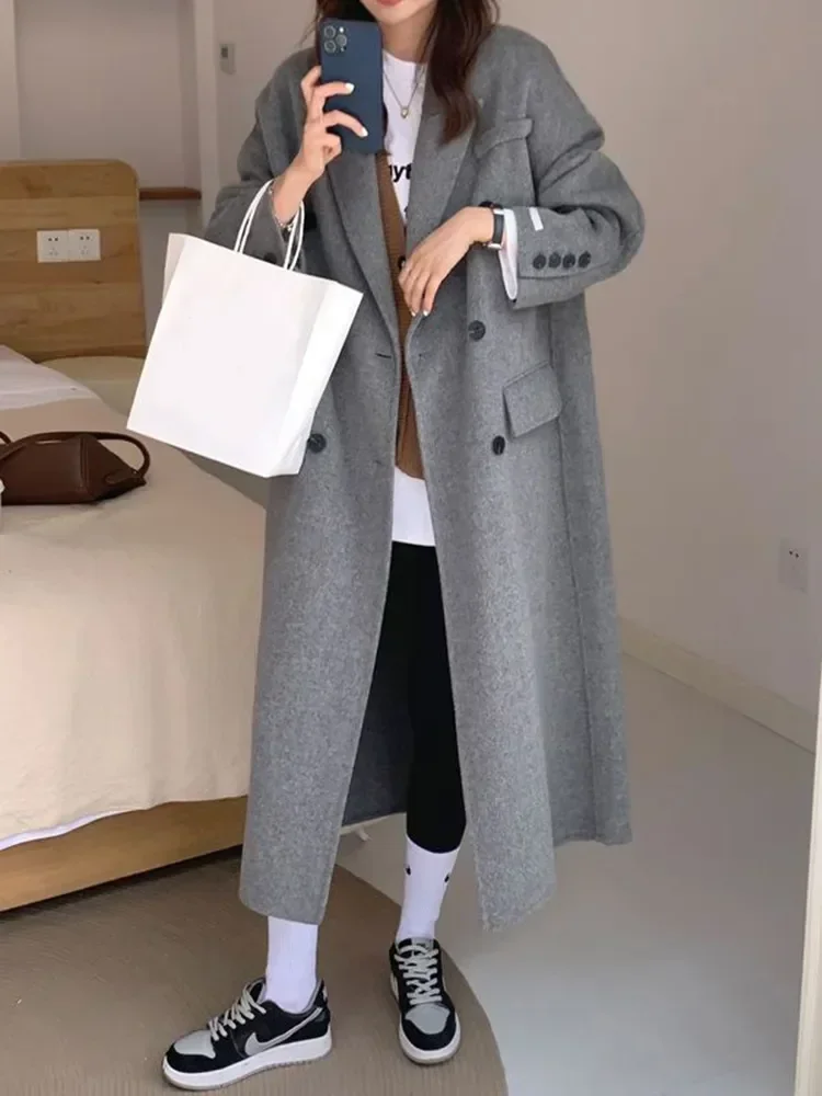 Winter Thick Office Lady Long Wool Coat Elegant Fashion Faux Wool Jacket Women Simple Grey Long Sleeve All Match Outwear