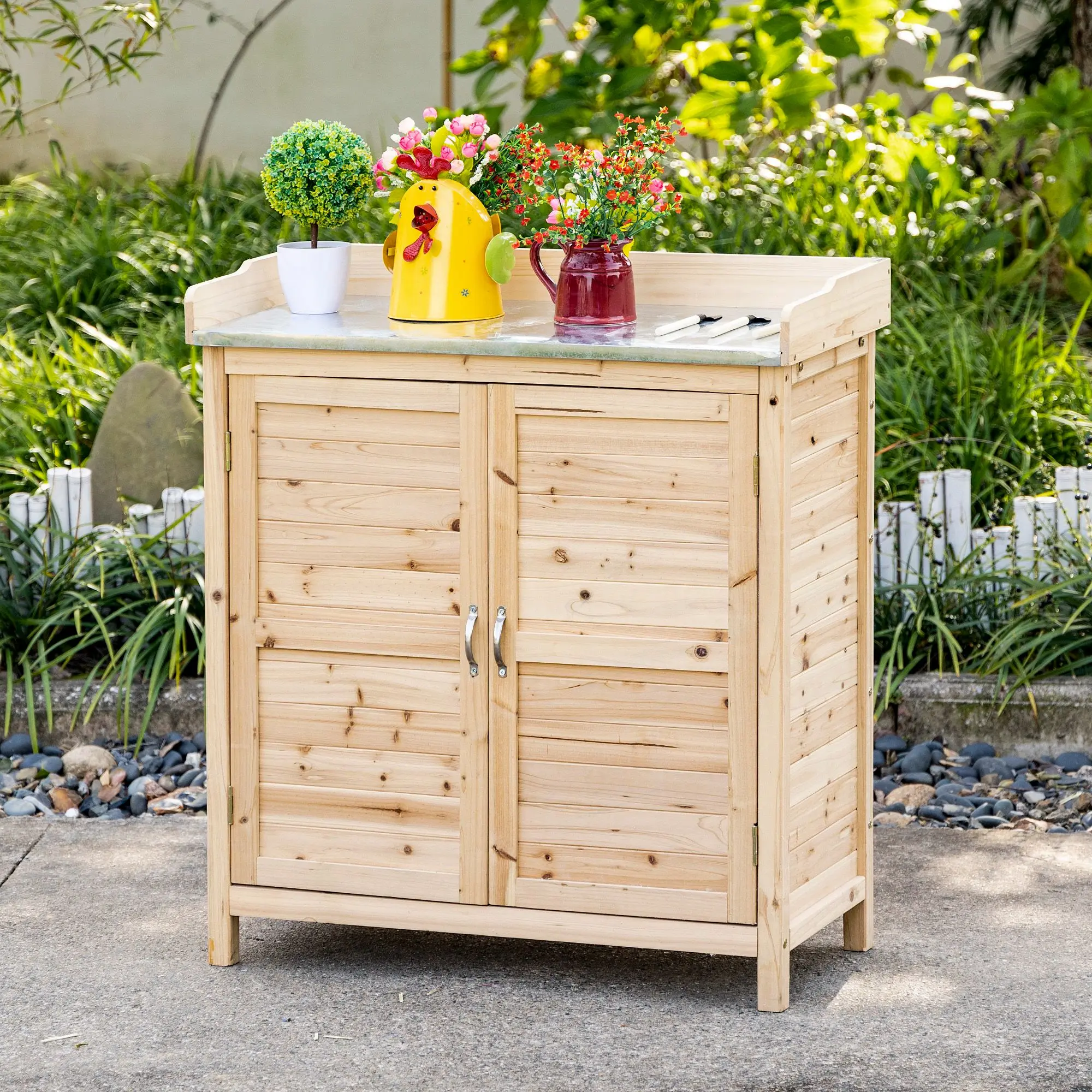Outsunny Banco de jardín con mesa, muebles de jardín, banco para 2 personas, banco de madera, natural