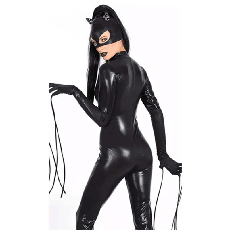 Halloween Sexy Mask Cat Women costumi Cosplay nero Stretch PVC Clubnight tute taglia M & XL body adulto