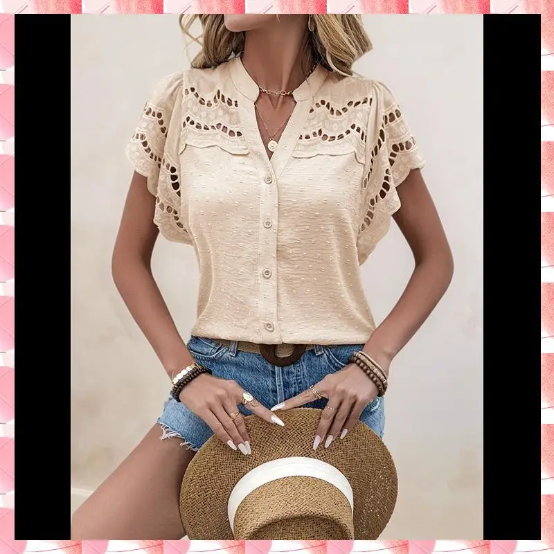 

Женская блузка с вышивкой и люверсами, рубашка на пуговицах с V-образным вырезом, топ с воланами и короткими рукавами с вырезами