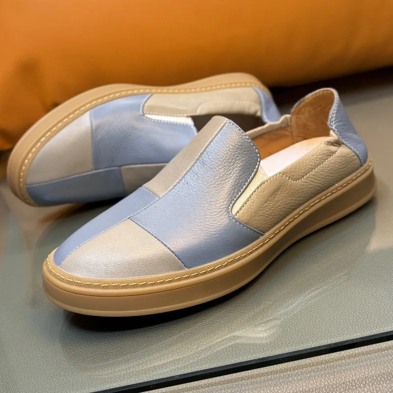 Men's Genuine Leather Loafers Slip-on Casual Color-blocking Design Comfortable Low-top Sneakers Male  Non-Slip Luxury Flat Work