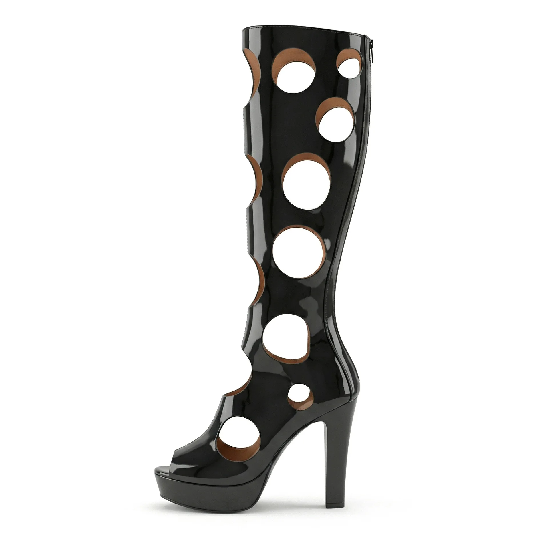 Women Patent Peep-Toe Platform Knee-High Boots Multi Circular Cutout Hollow Out Design with Side Zipper Glossy Stiletto Footwear