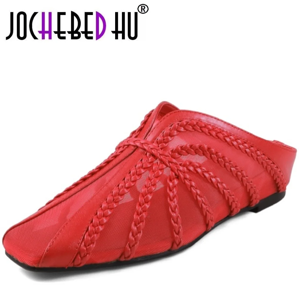 

【JOCHEBED HU】Handmade Genuine Leather Covered Toe Women Increased Heel Summer Dress Slipper Ladies Breathable Slides 34-40