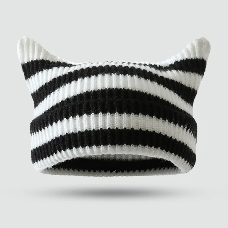 Cute Cat Ears Beanie Hat Autumn Winter Women Warm Ear Protection Sweet Pullover Knitted Beanie