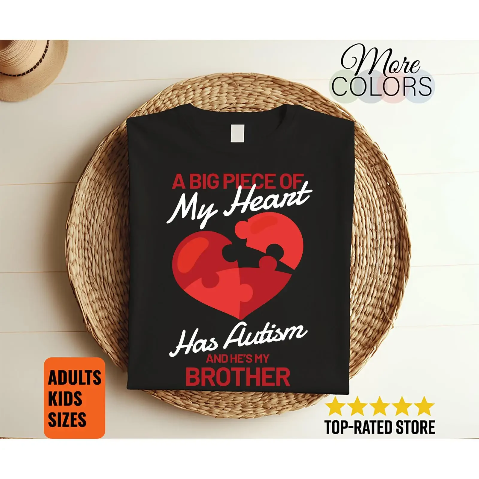 A Big Piece Of My Heart Has Autism He's Brother T Shirt Awareness For Sister Sibling Family Support vintage Washed