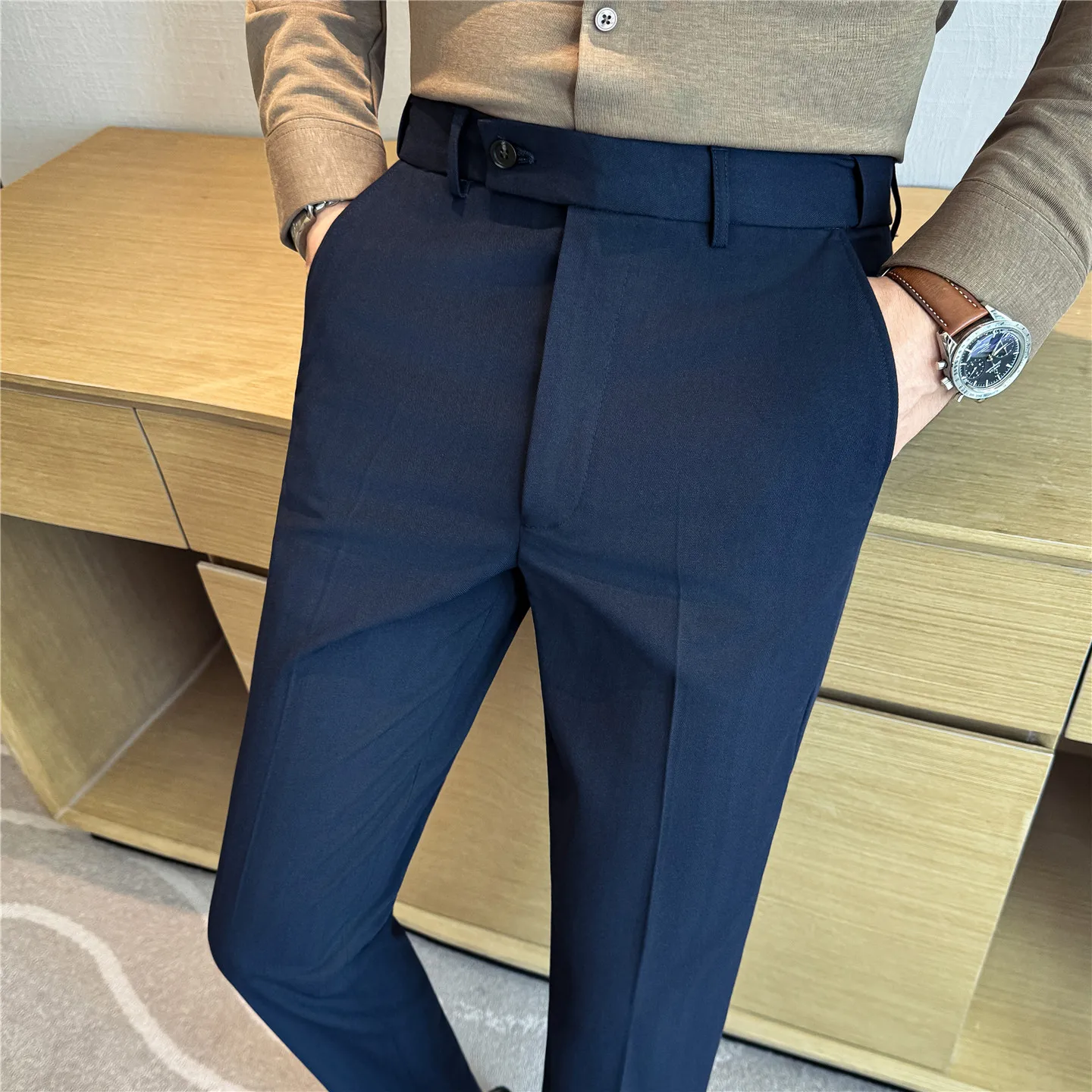 

High Quality Pinstripe Slim Fit Suit Pant Men Stretchable Elastic Waist Slim Fit Business Social Wedding Party Casual Trousers