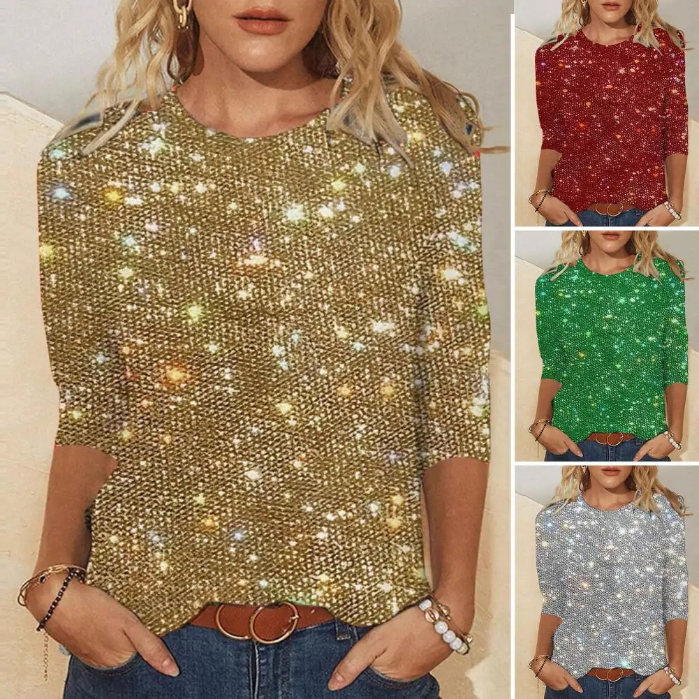 المرأة تي شيرت طاقم الرقبة 3/4 الأكمام بريق البلوز القمم لامعة الترتر بلون متلألئ بلوزة