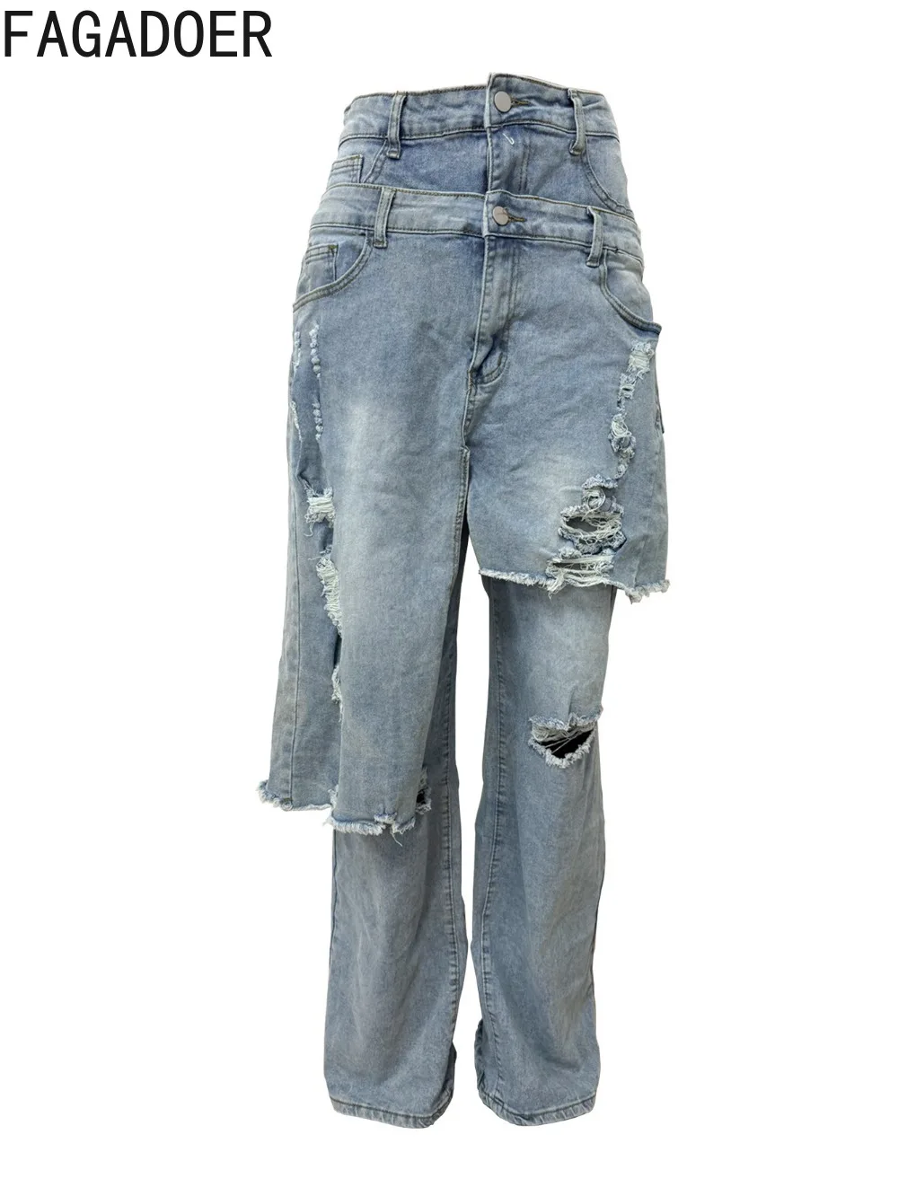 FAGADOER Autumn New Fashion Quality Denim Pants Women Wash Hole Irregular Pocket Patchwork Jeans Female Streetwear Bottoms 2025