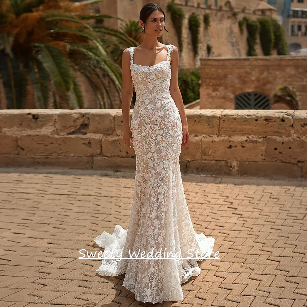 

Luxury Beading Lace Mermaid Wedding Dress Customized Sleeveless Square Neck Illusion Back Sweep Train Bridal Gowns