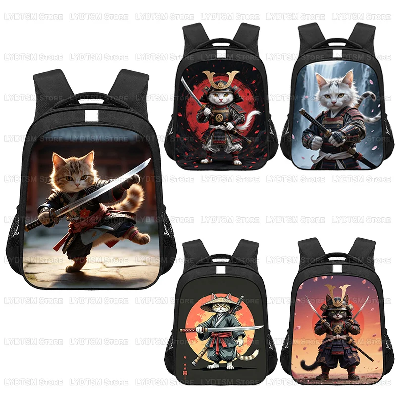 14/16 Inch Japanese Samurai Cat Print Backpack Cool Bushido Warrior Kitten Children School Bags Teenager Daypack Bookbag Gift