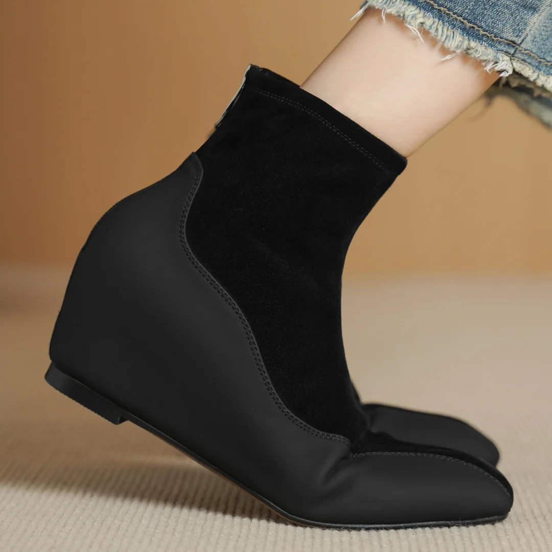 

Женские осенние ботильоны из натуральной кожи в стиле пэчворк с квадратным носком и молнией сзади, повседневные женские черные тонкие короткие ботинки на танкетке 5 см