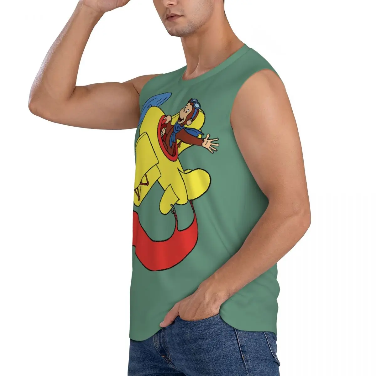 Curious George In An Airplan Men Sleeveless Tank Tops Quick Dry Breathable Gym Fitness Running Summer Casual Sport Vest