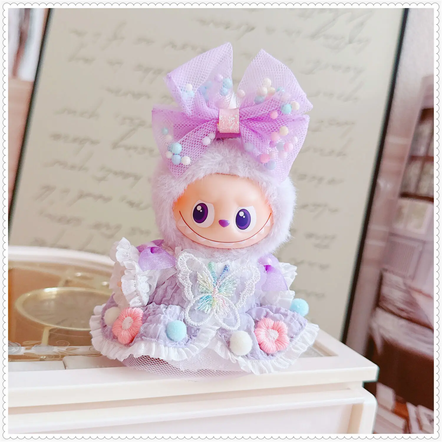 10-17 Cm Kawaii Labubu Kleding Leuke Prachtige Paarse Strik Jurk Set Pluche Pop Kleding Accessoires Speelgoed Anime spel Periferie
