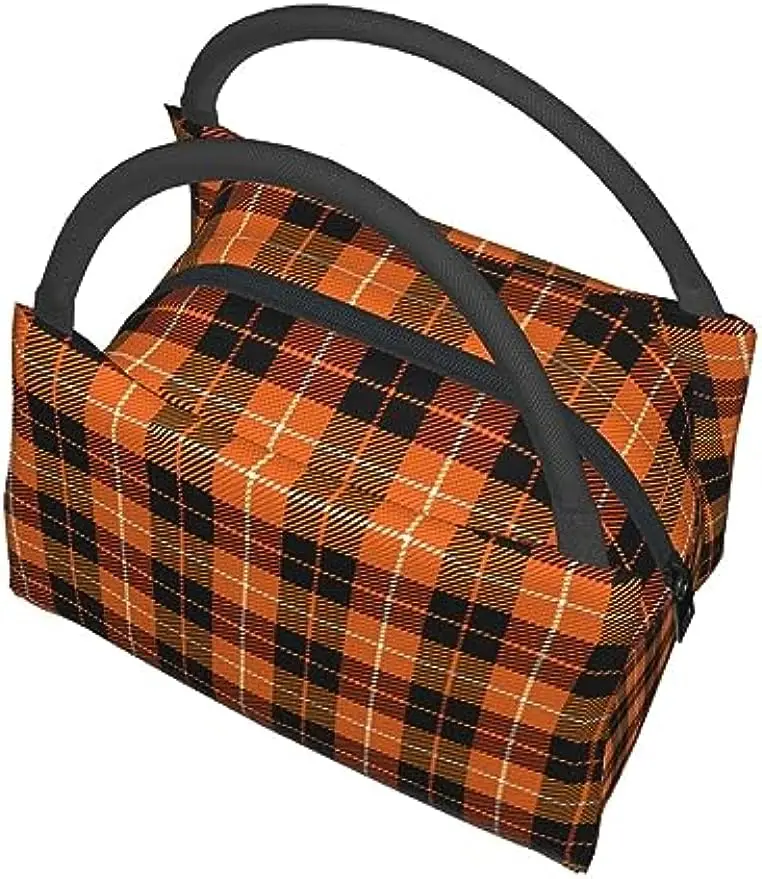 Halloween Lunch Bag Pumpkin Plaid Lunch Box Portable Travel Work Large Capacity Tote Bag for Women Men Lunch Box Bag