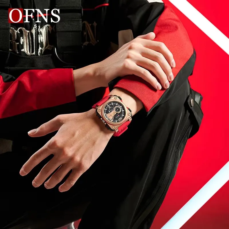 OFNS 1305 Men's Quartz Watch Square Dial Fashion Unique Calendar  Silicone Strap Wristwatch for Male