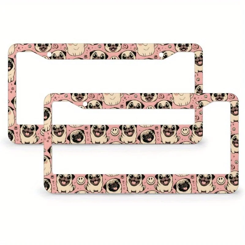 Pug Dog On A Pink 2 Pack License Plate Frames, Car License Plate Car Accessories with 2 Holes and Screws Universal Aluminum