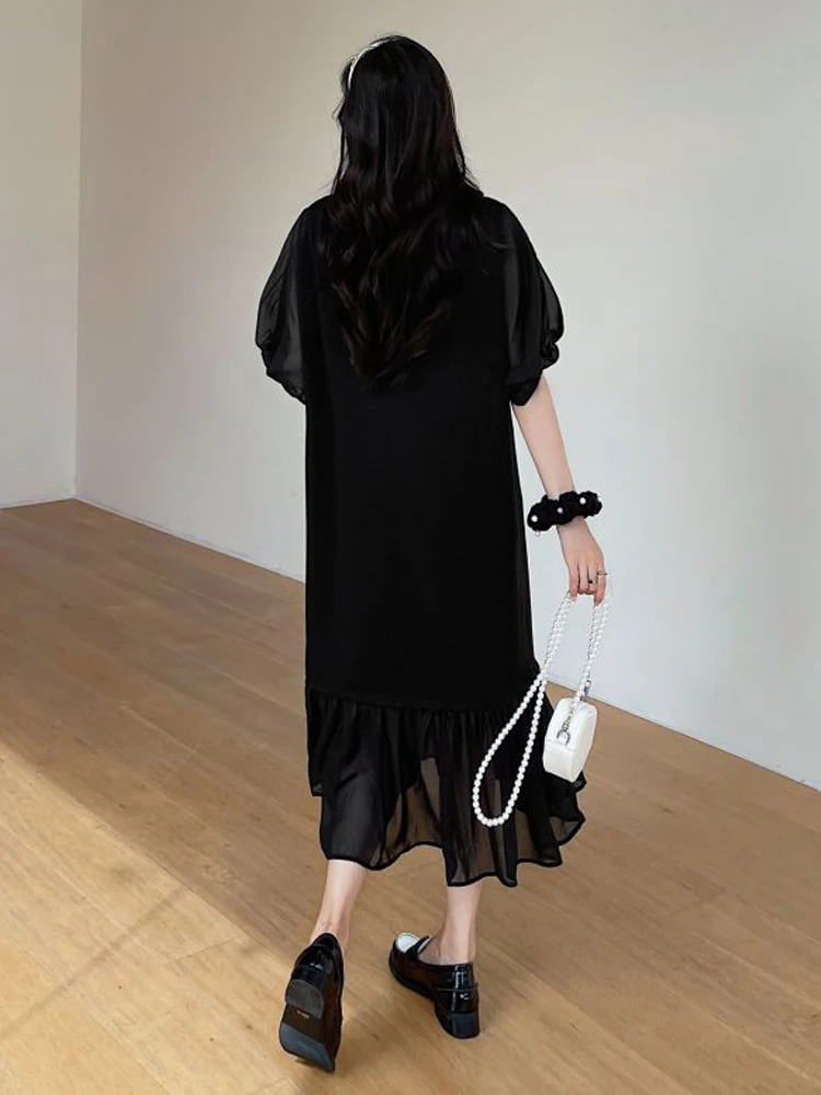 NYFS Summer 2025 Women's Dress Loose plus Size Pearl Embroidery Patchwork Chiffon Short Sleeve Long Dress Robe Elbise