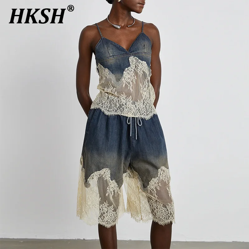 

HKSH 2025 Summer New Women's Spring Lace Minimalist Style Top Casual Denim Pants Fashionable Thin Camisole Chic Patchwork HK4721