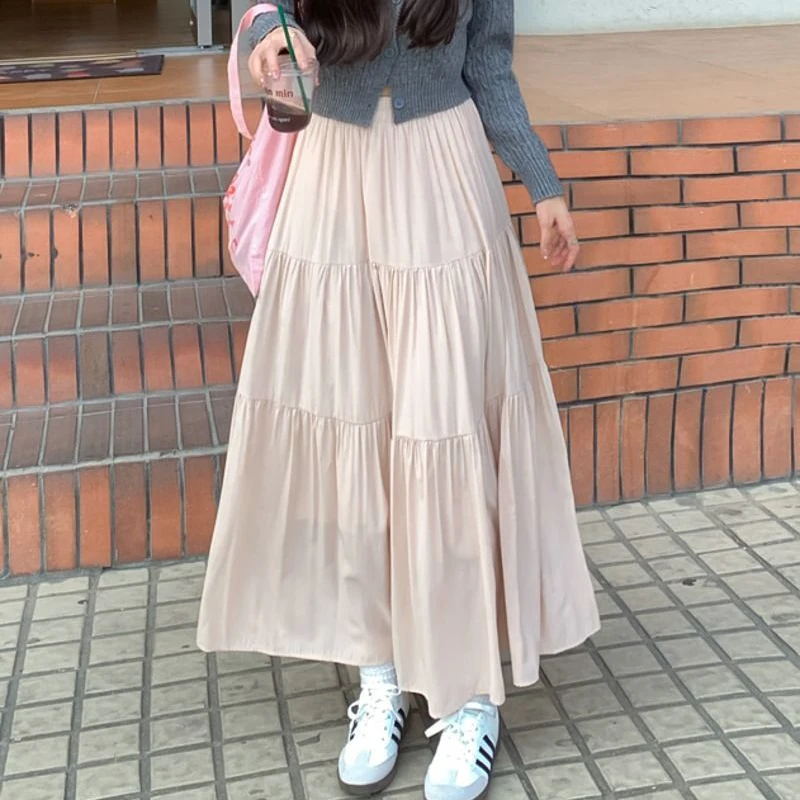 Rimocy Summer Chic Pink Long Skirts for Women 2024 All Match A Line Cake Skirt Woman Korean Fashion White Midi Skirt Ladies