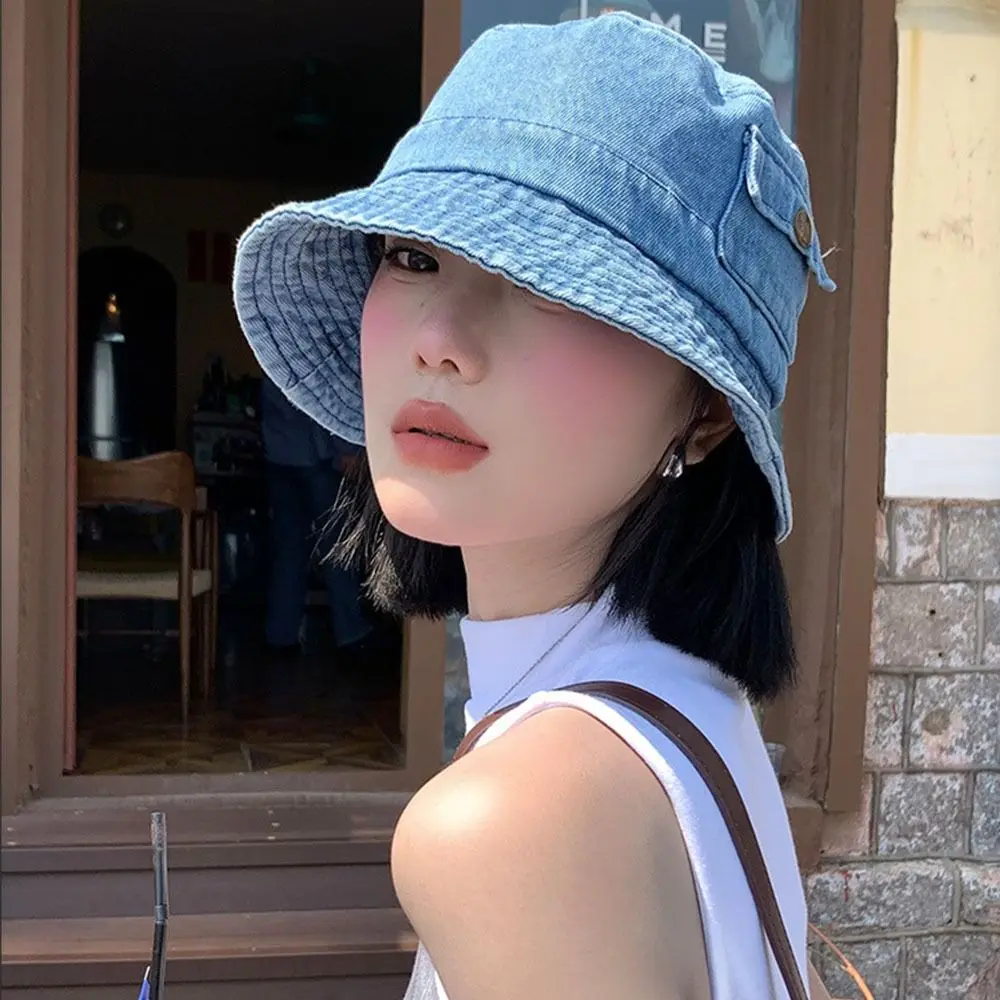 

New Vintage Denim Bucket Hat Solid Color Travel Pocket Sun Hats Outdoor Korean Fisherman Cap Unisex