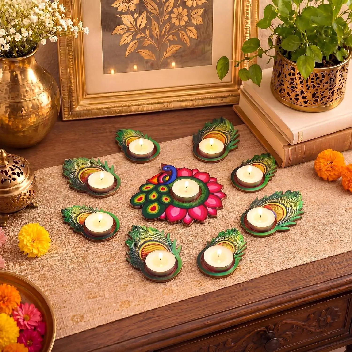 1 Set (9 Pieces) of Wooden Peacock Candle Holders, Peacock Feather Design Diwali Decorations, Traditional Tealight Candle Holder Ornaments, Home Tabletop Centerpieces, Holiday Party Decorations, Prayer Space Decoration